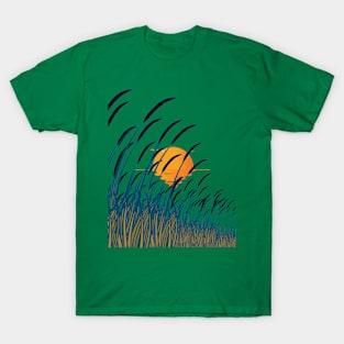 Cartoon beautiful  blue reeds at sunset T-Shirt